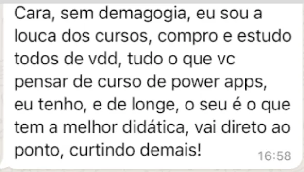 Mensagem de aluna sobre a didática do curso