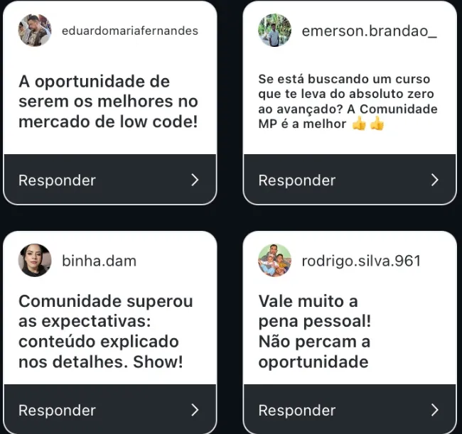 Comentários de alunos no Instagram