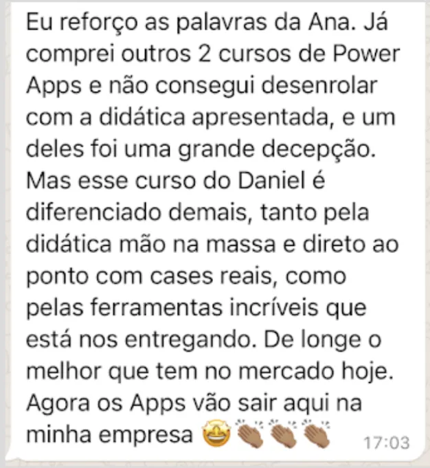 Mensagem de aluno reforçando o curso do Daniel
