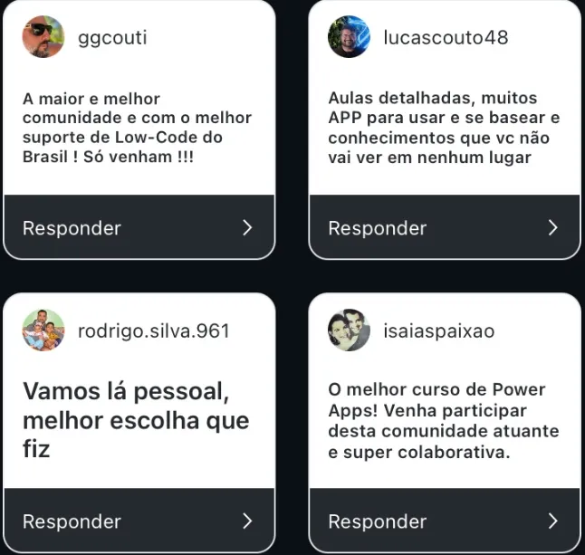 Comentários de alunos no Instagram
