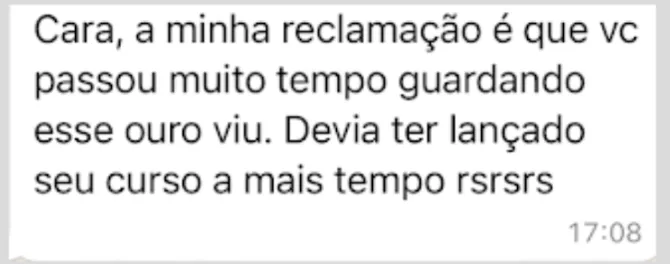 Mensagem de aluno sobre o conteúdo do curso