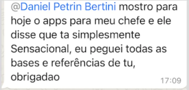 Mensagem de aluna sobre mostrar o app para o chefe