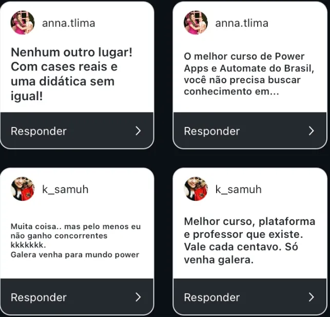 Comentários de alunos no Instagram