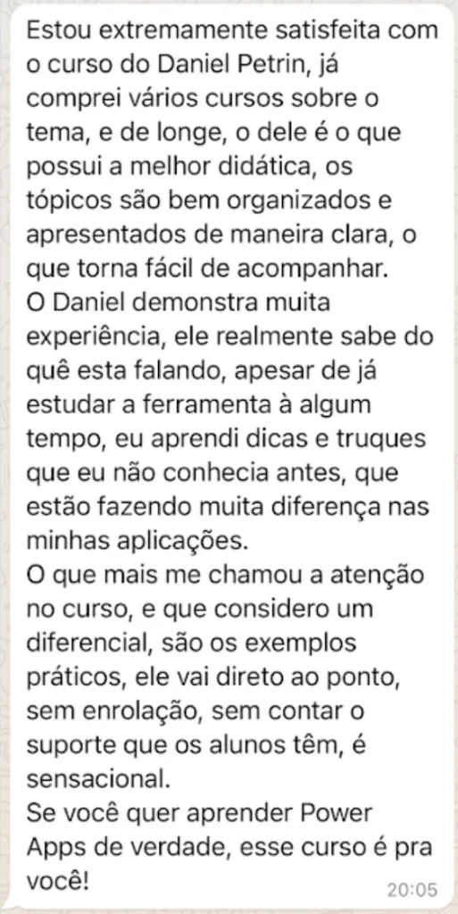 Mensagem de aluna satisfeita com o curso