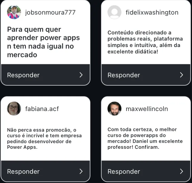 Comentários de alunos no Instagram