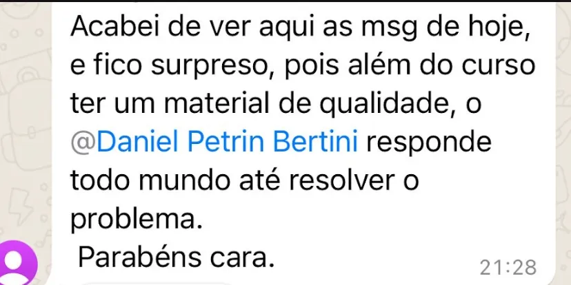 Mensagem de aluno sobre o suporte no grupo