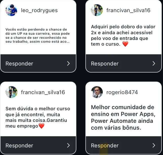 Comentários de alunos no Instagram