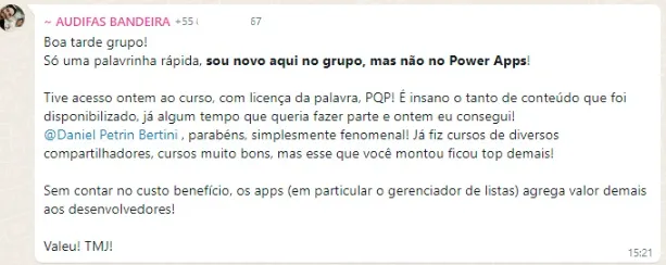 Mensagem de aluno sobre o custo-benefício do curso