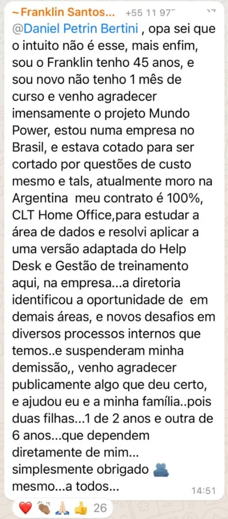 Mensagem de aluno sobre o resultado do curso no trabalho
