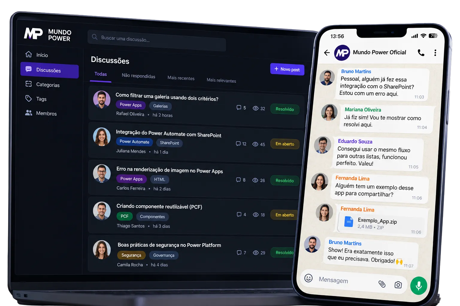Fórum de discussões do Mundo Power no computador e o grupo Mundo Power Oficial no WhatsApp